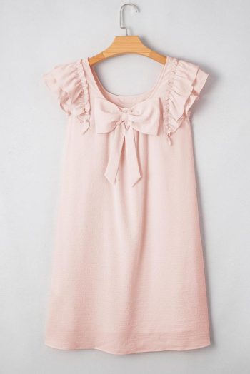 Short Dresses | Women Light Pink Textured Flutter Sleeve Square Neck Bow Back Mini Dress