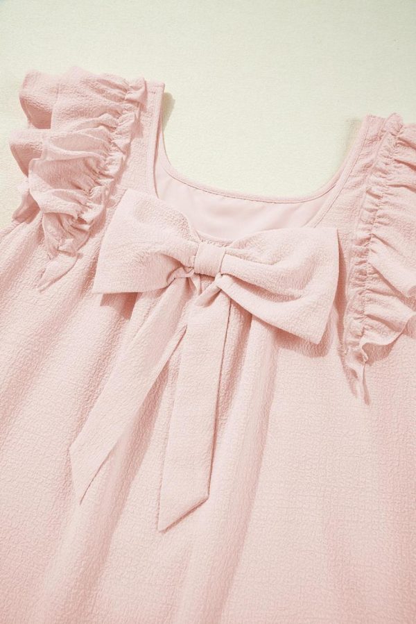 Short Dresses | Women Light Pink Textured Flutter Sleeve Square Neck Bow Back Mini Dress - Image 3