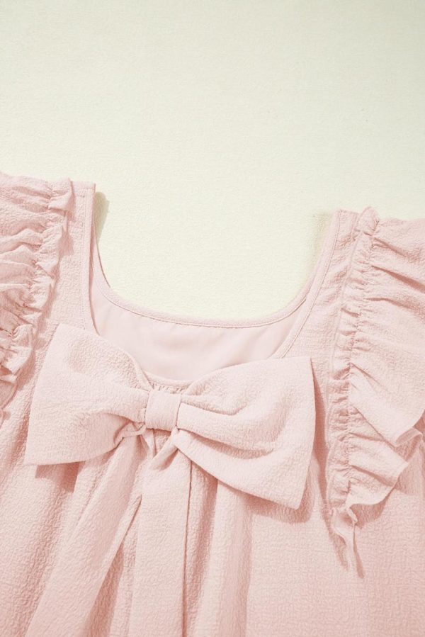Short Dresses | Women Light Pink Textured Flutter Sleeve Square Neck Bow Back Mini Dress - Image 4