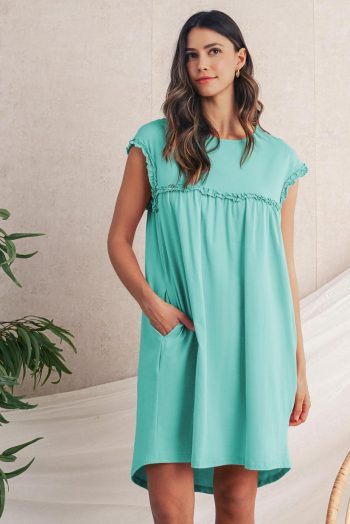 Short Dresses | Women Mint Green Frilled Trim Crewneck Loose Fit Mini Dress