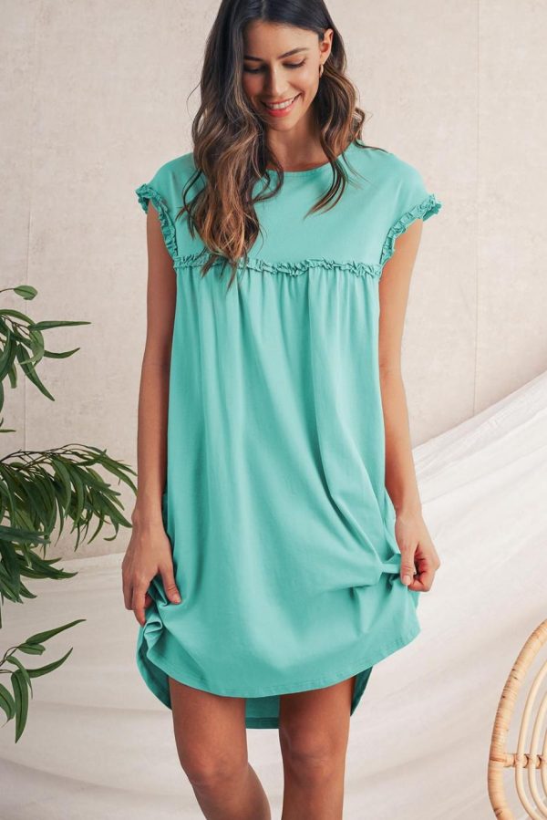 Short Dresses | Women Mint Green Frilled Trim Crewneck Loose Fit Mini Dress - Image 2