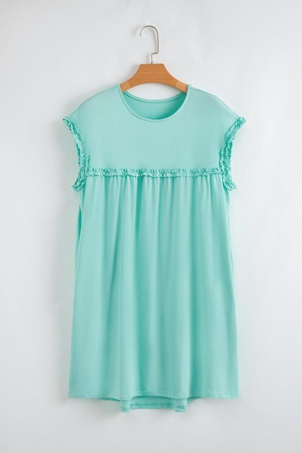 Short Dresses | Women Mint Green Frilled Trim Crewneck Loose Fit Mini Dress - Image 4