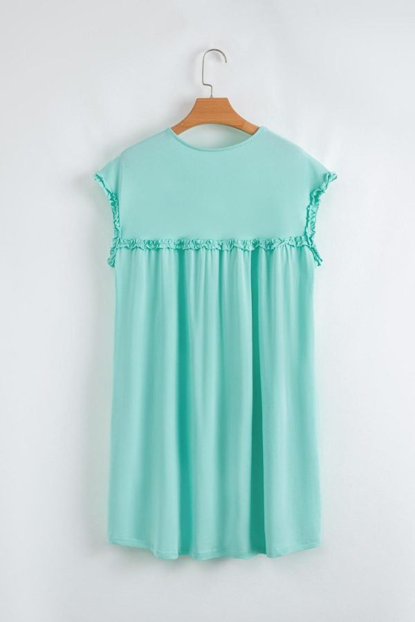 Short Dresses | Women Mint Green Frilled Trim Crewneck Loose Fit Mini Dress - Image 5