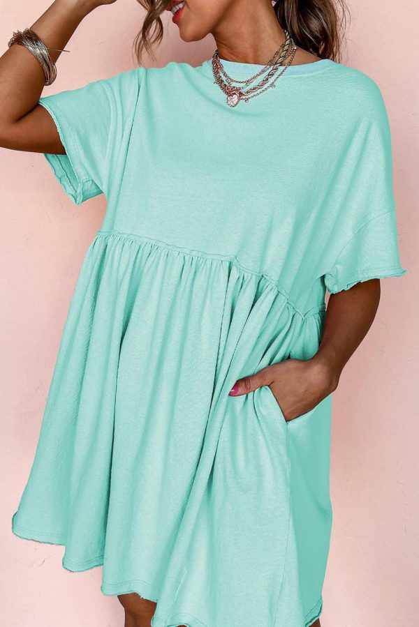 Short Dresses | Women Moonlight Jade Solid Color Pocket Raw Edge Babydoll Dress - Image 3