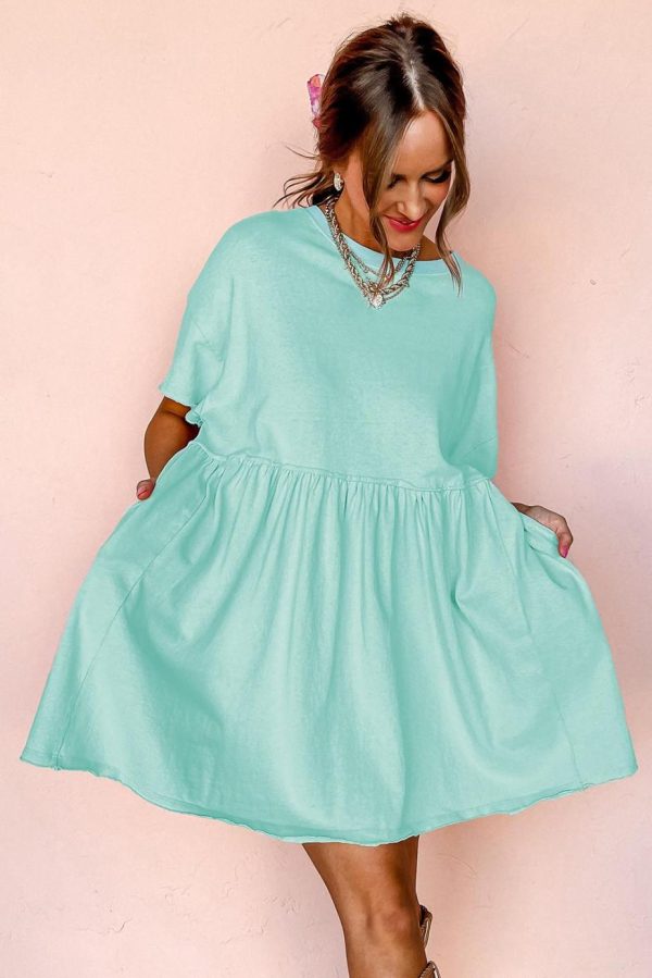 Short Dresses | Women Moonlight Jade Solid Color Pocket Raw Edge Babydoll Dress - Image 5