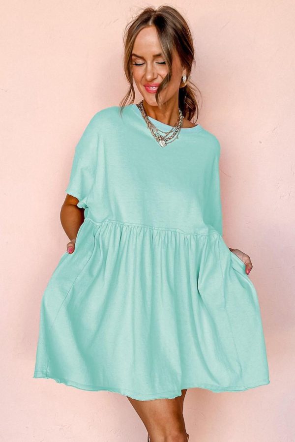 Short Dresses | Women Moonlight Jade Solid Color Pocket Raw Edge Babydoll Dress - Image 6