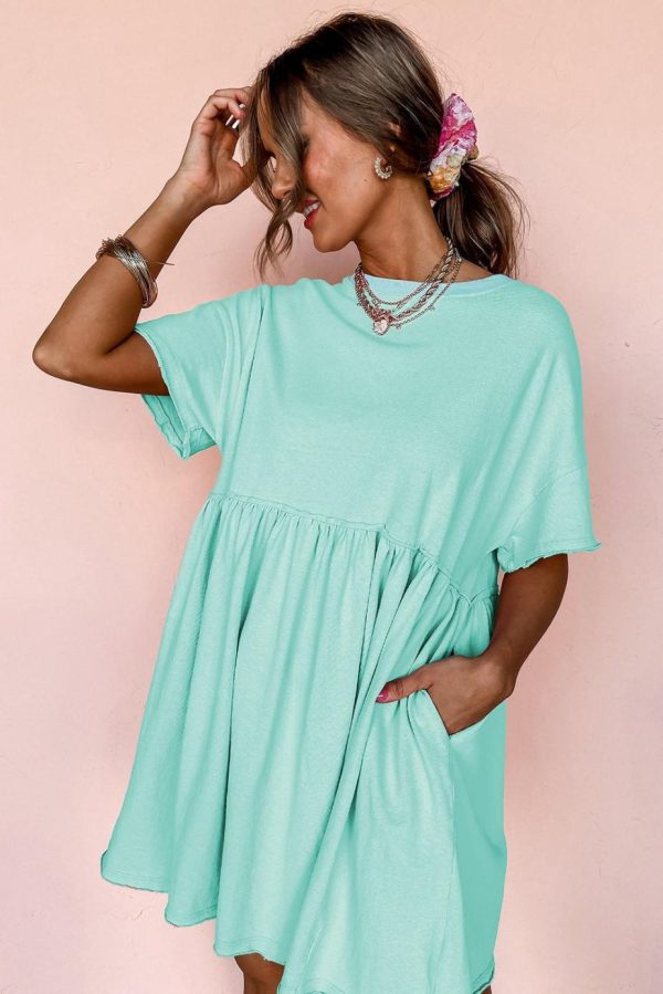 Short Dresses | Women Moonlight Jade Solid Color Pocket Raw Edge Babydoll Dress - Image 7