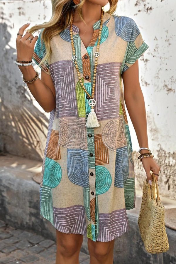 Short Dresses | Women Multicolour Boho Geometric Print Button Up Mini Dress - Image 2