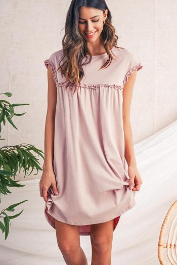 Short Dresses | Women Oatmeal Frilled Trim Crewneck Loose Fit Mini Dress