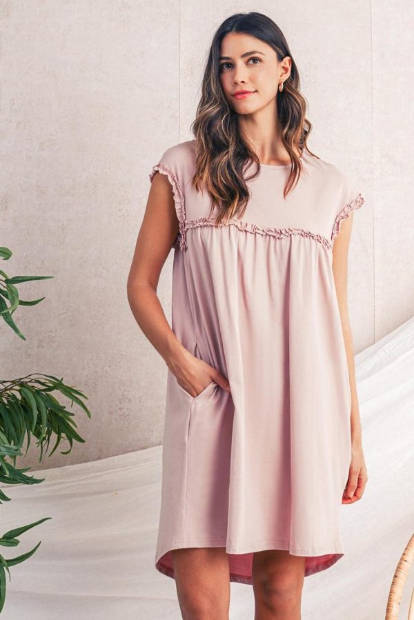 Short Dresses | Women Oatmeal Frilled Trim Crewneck Loose Fit Mini Dress - Image 2