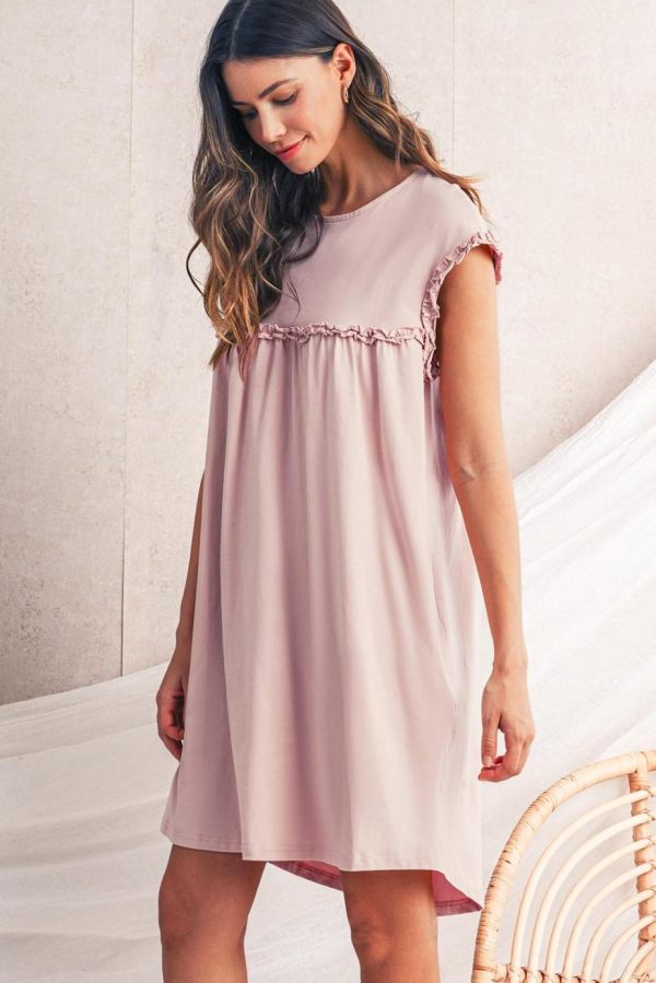Short Dresses | Women Oatmeal Frilled Trim Crewneck Loose Fit Mini Dress - Image 3
