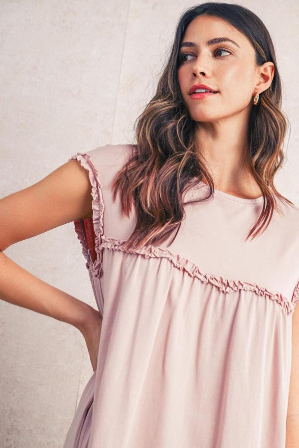 Short Dresses | Women Oatmeal Frilled Trim Crewneck Loose Fit Mini Dress - Image 5