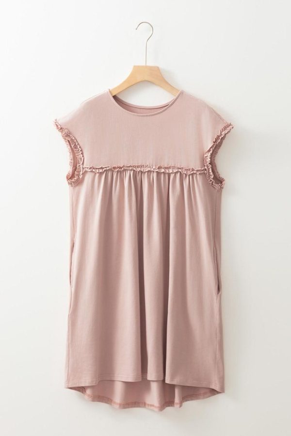 Short Dresses | Women Oatmeal Frilled Trim Crewneck Loose Fit Mini Dress - Image 6