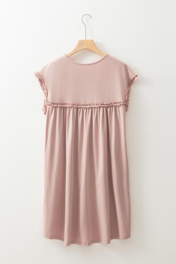 Short Dresses | Women Oatmeal Frilled Trim Crewneck Loose Fit Mini Dress - Image 7