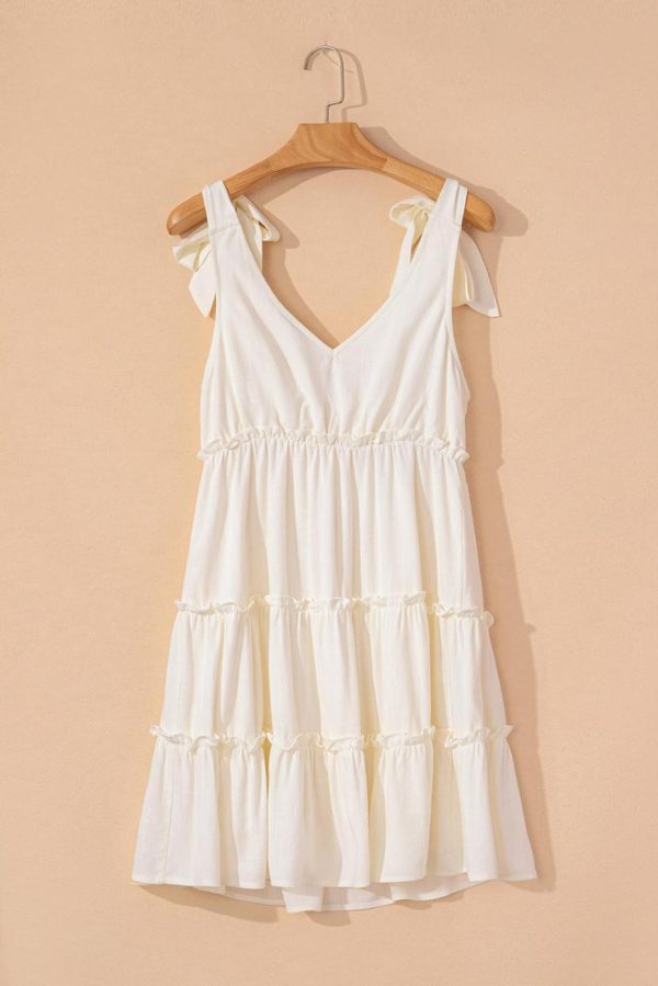 Short Dresses | Women Oatmeal Solid Color Tie Strap Ruffle Tiered Mini Dress - Image 7