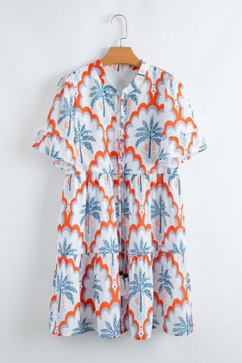 Short Dresses | Women Orange Palm Tree Print Short Sleeve Flowy Dress