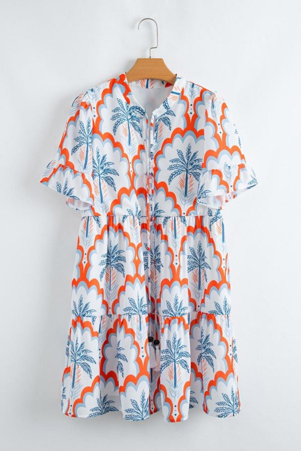 Short Dresses | Women Orange Palm Tree Print Short Sleeve Flowy Dress