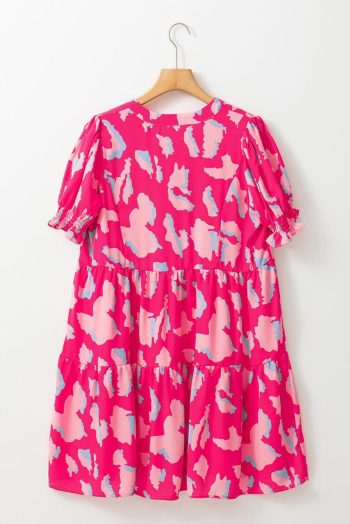 Short Dresses | Women Pink Abstract Print V Neck Smocked Sleeve Mini Dress