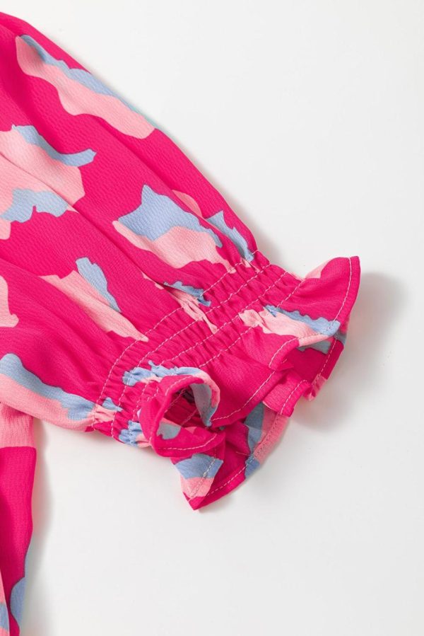 Short Dresses | Women Pink Abstract Print V Neck Smocked Sleeve Mini Dress - Image 3