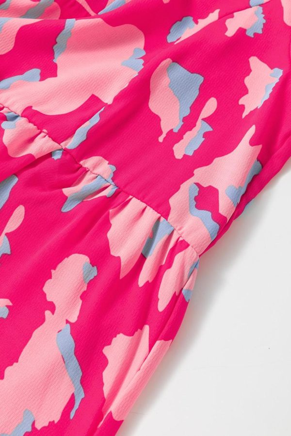 Short Dresses | Women Pink Abstract Print V Neck Smocked Sleeve Mini Dress - Image 4