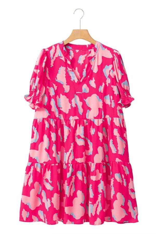 Short Dresses | Women Pink Abstract Print V Neck Smocked Sleeve Mini Dress - Image 7