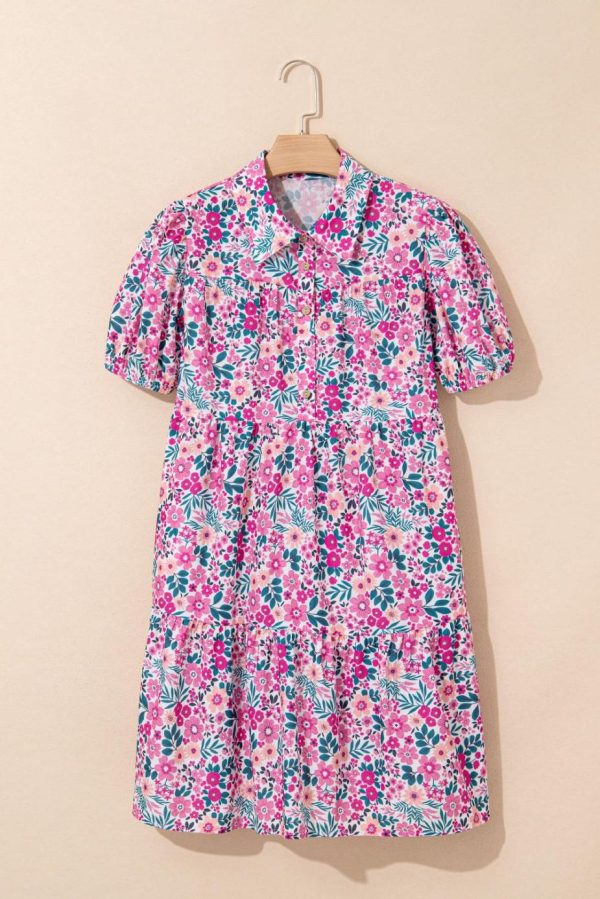 Short Dresses | Women Pink Allover Floral Print Collar Half Button Short Sleeve Loose Dress - Image 3