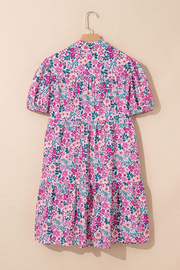 Short Dresses | Women Pink Allover Floral Print Collar Half Button Short Sleeve Loose Dress - Image 4