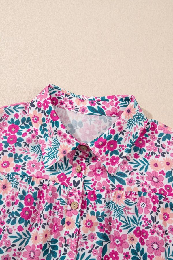 Short Dresses | Women Pink Allover Floral Print Collar Half Button Short Sleeve Loose Dress - Image 5
