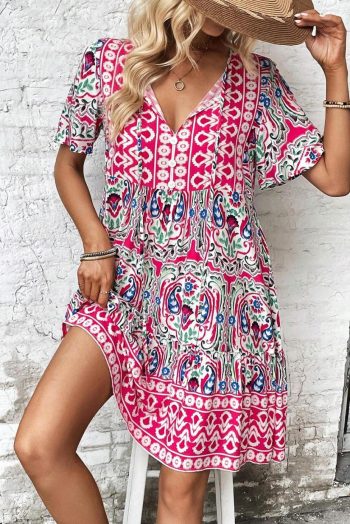 Short Dresses | Women Pink Bohemian Tie Neck Flounce Sleeve Ruffle Hem Mini Dress