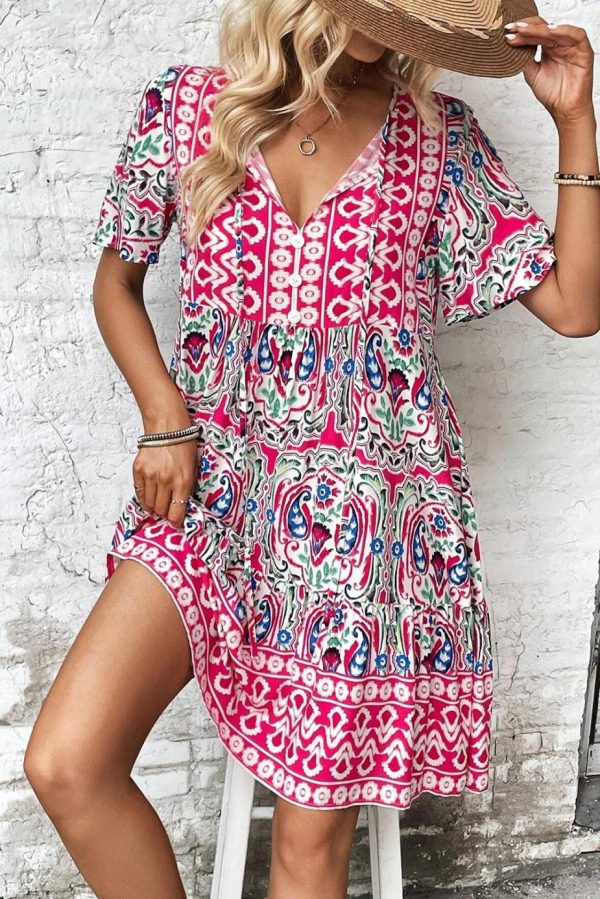 Short Dresses | Women Pink Bohemian Tie Neck Flounce Sleeve Ruffle Hem Mini Dress
