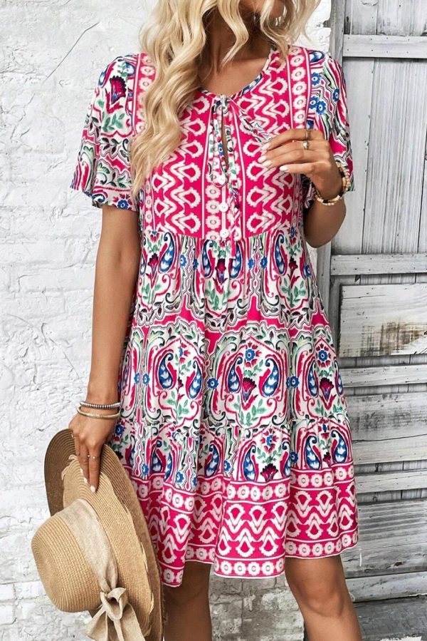 Short Dresses | Women Pink Bohemian Tie Neck Flounce Sleeve Ruffle Hem Mini Dress - Image 2