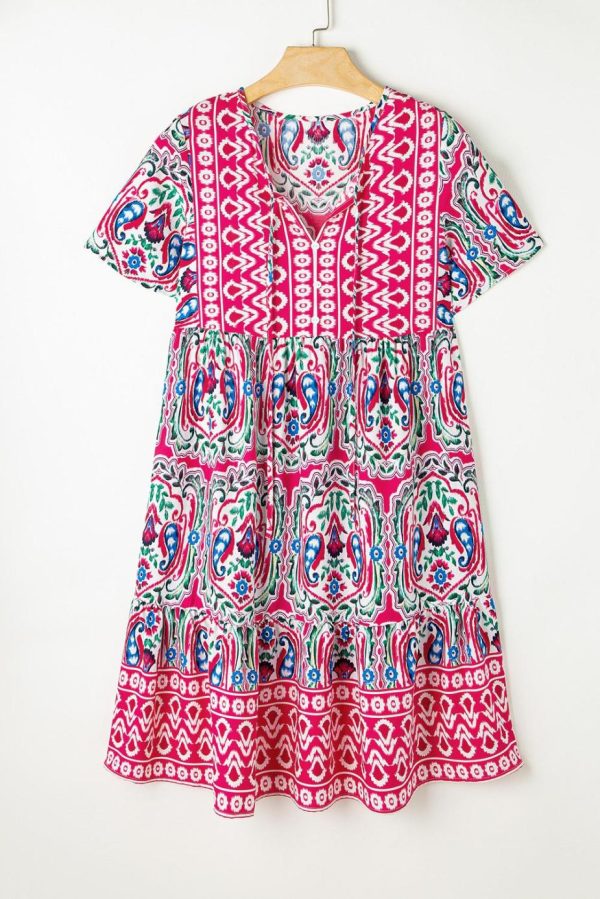 Short Dresses | Women Pink Bohemian Tie Neck Flounce Sleeve Ruffle Hem Mini Dress - Image 3