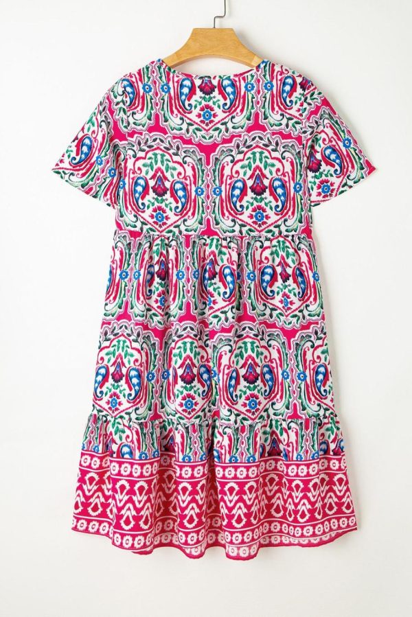 Short Dresses | Women Pink Bohemian Tie Neck Flounce Sleeve Ruffle Hem Mini Dress - Image 4