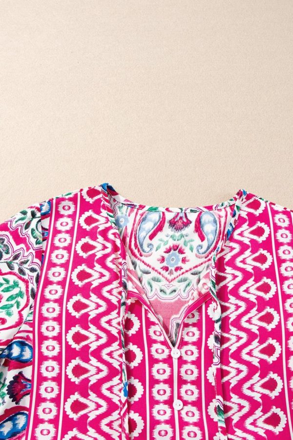 Short Dresses | Women Pink Bohemian Tie Neck Flounce Sleeve Ruffle Hem Mini Dress - Image 5