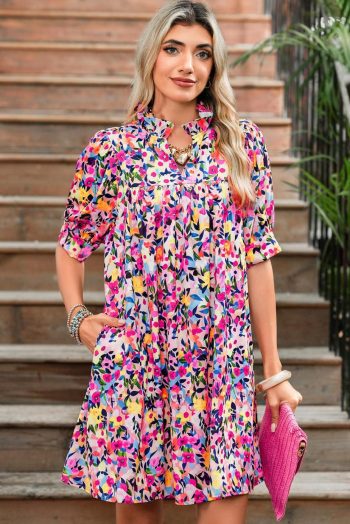 Short Dresses | Women Pink Floral Puff Short Sleeve V Neck Mini Dress