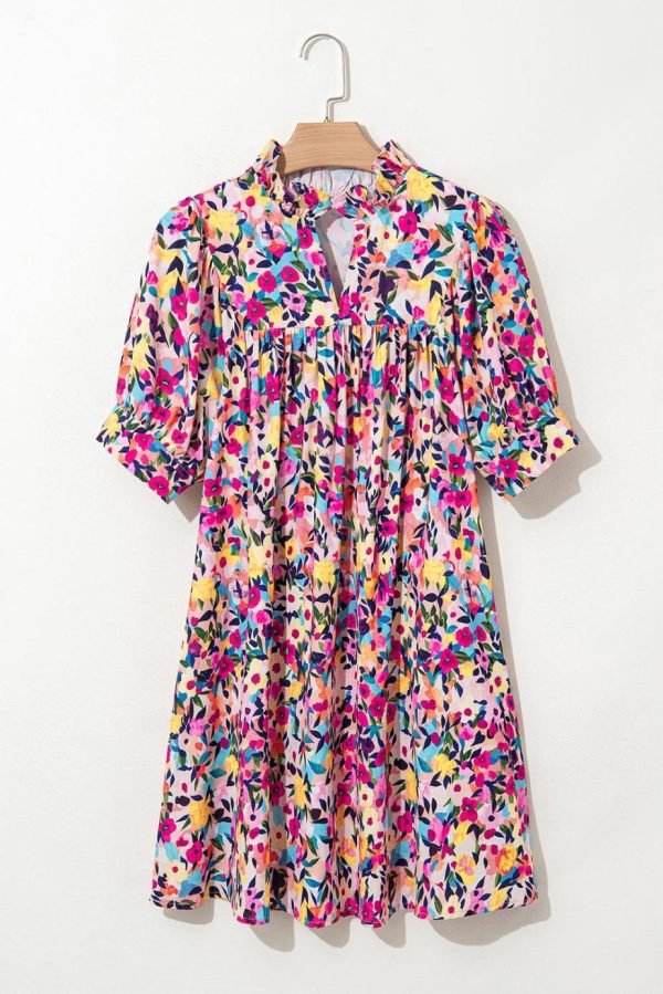 Short Dresses | Women Pink Floral Puff Short Sleeve V Neck Mini Dress - Image 4