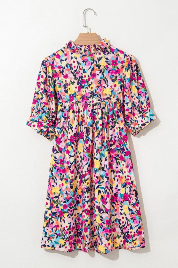 Short Dresses | Women Pink Floral Puff Short Sleeve V Neck Mini Dress - Image 5