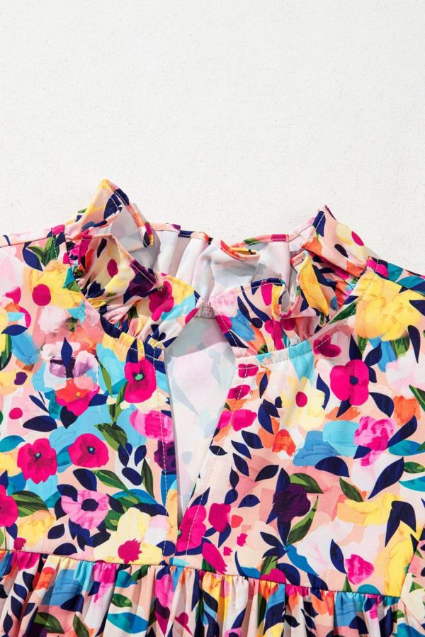 Short Dresses | Women Pink Floral Puff Short Sleeve V Neck Mini Dress - Image 6
