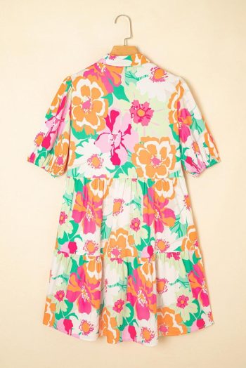 Short Dresses | Women Pink Floral Puff Sleeve Collar Buttoned Babydoll Dress