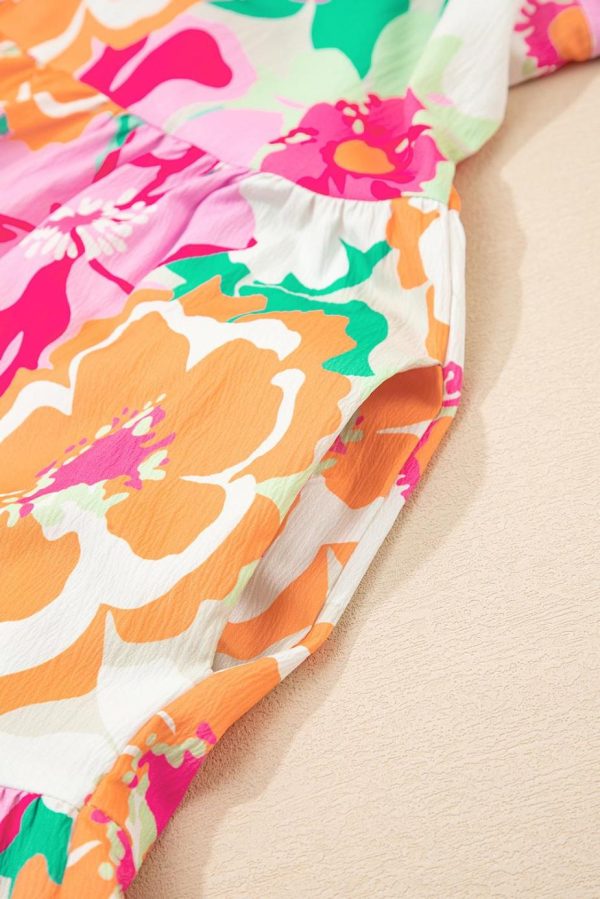 Short Dresses | Women Pink Floral Puff Sleeve Collar Buttoned Babydoll Dress - Image 6