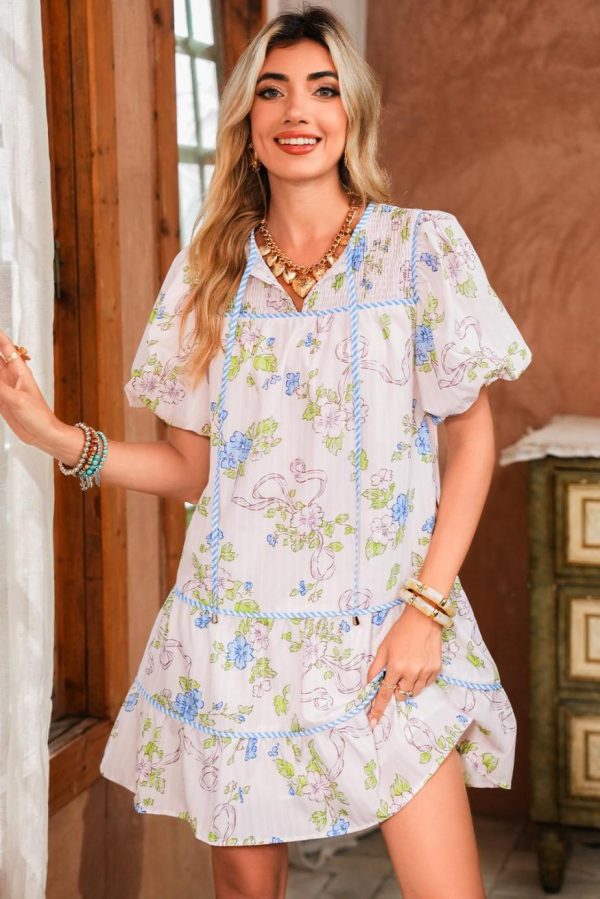 Short Dresses | Women Pink Floral Striped Print Contrast Trim Tie Split Neck Mini Dress
