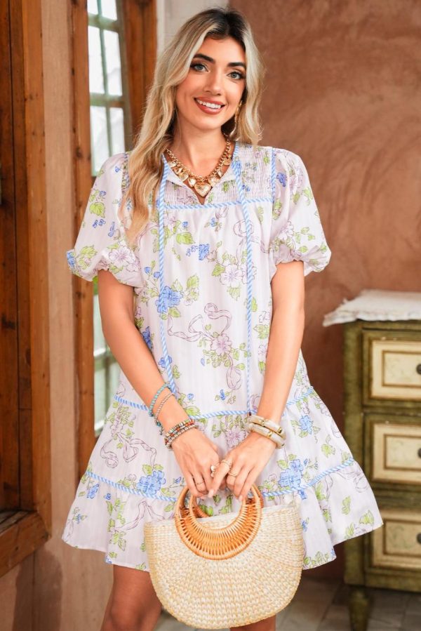 Short Dresses | Women Pink Floral Striped Print Contrast Trim Tie Split Neck Mini Dress - Image 2