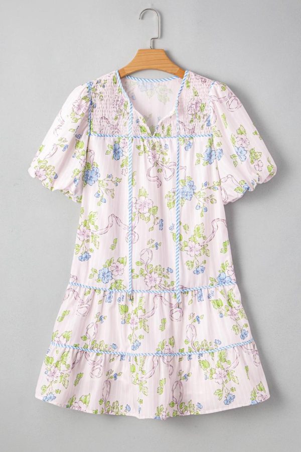 Short Dresses | Women Pink Floral Striped Print Contrast Trim Tie Split Neck Mini Dress - Image 4