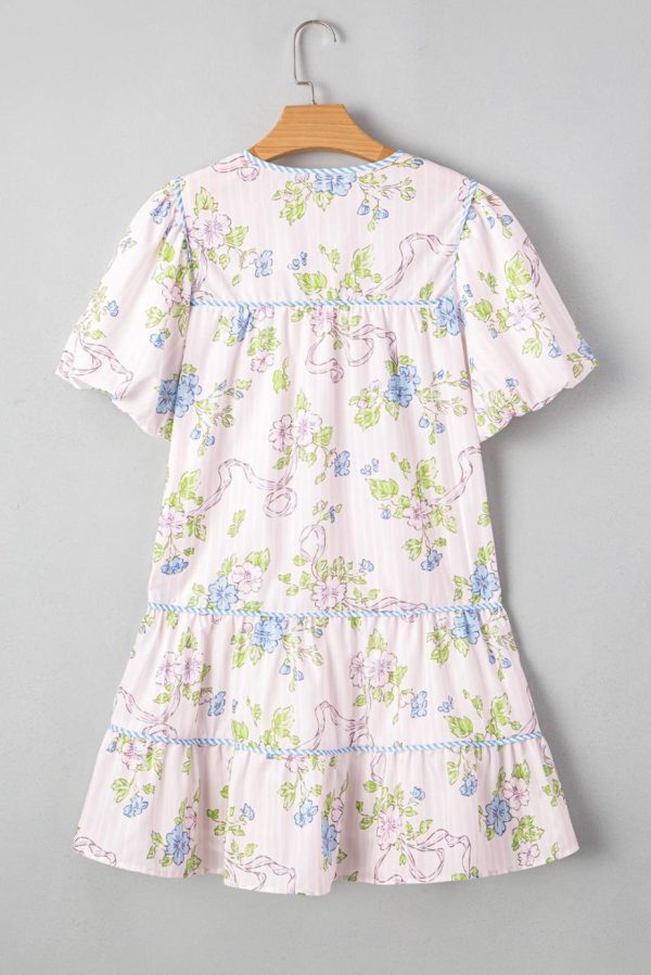 Short Dresses | Women Pink Floral Striped Print Contrast Trim Tie Split Neck Mini Dress - Image 5