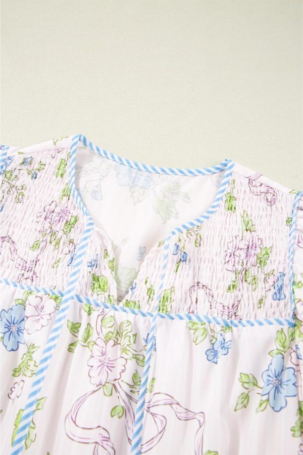Short Dresses | Women Pink Floral Striped Print Contrast Trim Tie Split Neck Mini Dress - Image 6