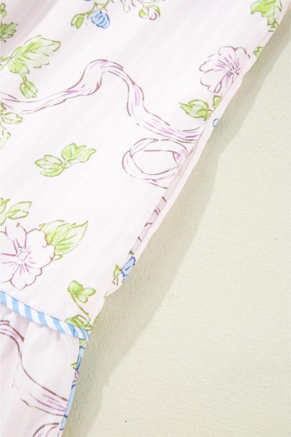 Short Dresses | Women Pink Floral Striped Print Contrast Trim Tie Split Neck Mini Dress - Image 7