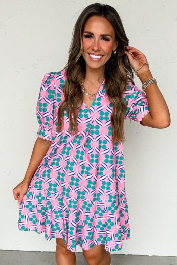 Short Dresses | Women Pink Geometric Print V-Neck Ricrac Trim Mini Dress