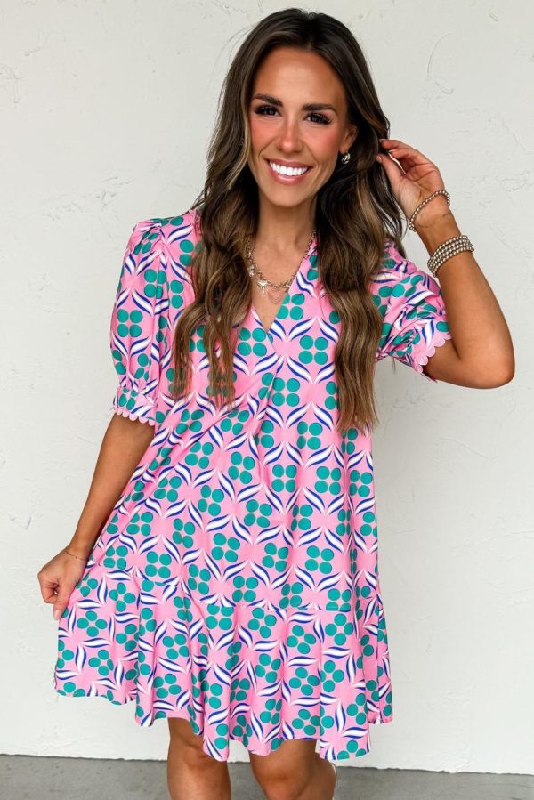Short Dresses | Women Pink Geometric Print V-Neck Ricrac Trim Mini Dress