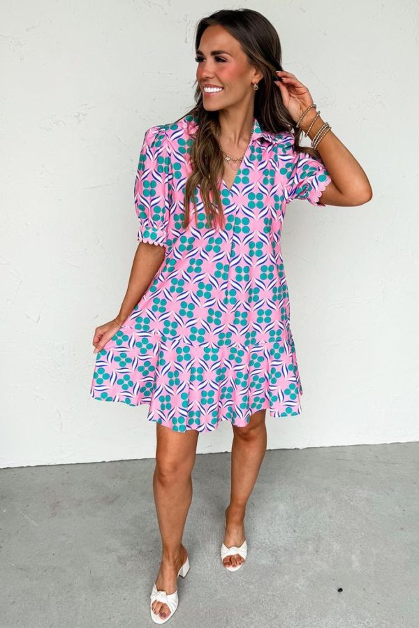 Short Dresses | Women Pink Geometric Print V-Neck Ricrac Trim Mini Dress - Image 2