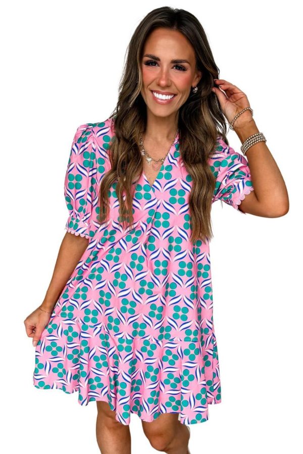 Short Dresses | Women Pink Geometric Print V-Neck Ricrac Trim Mini Dress - Image 4
